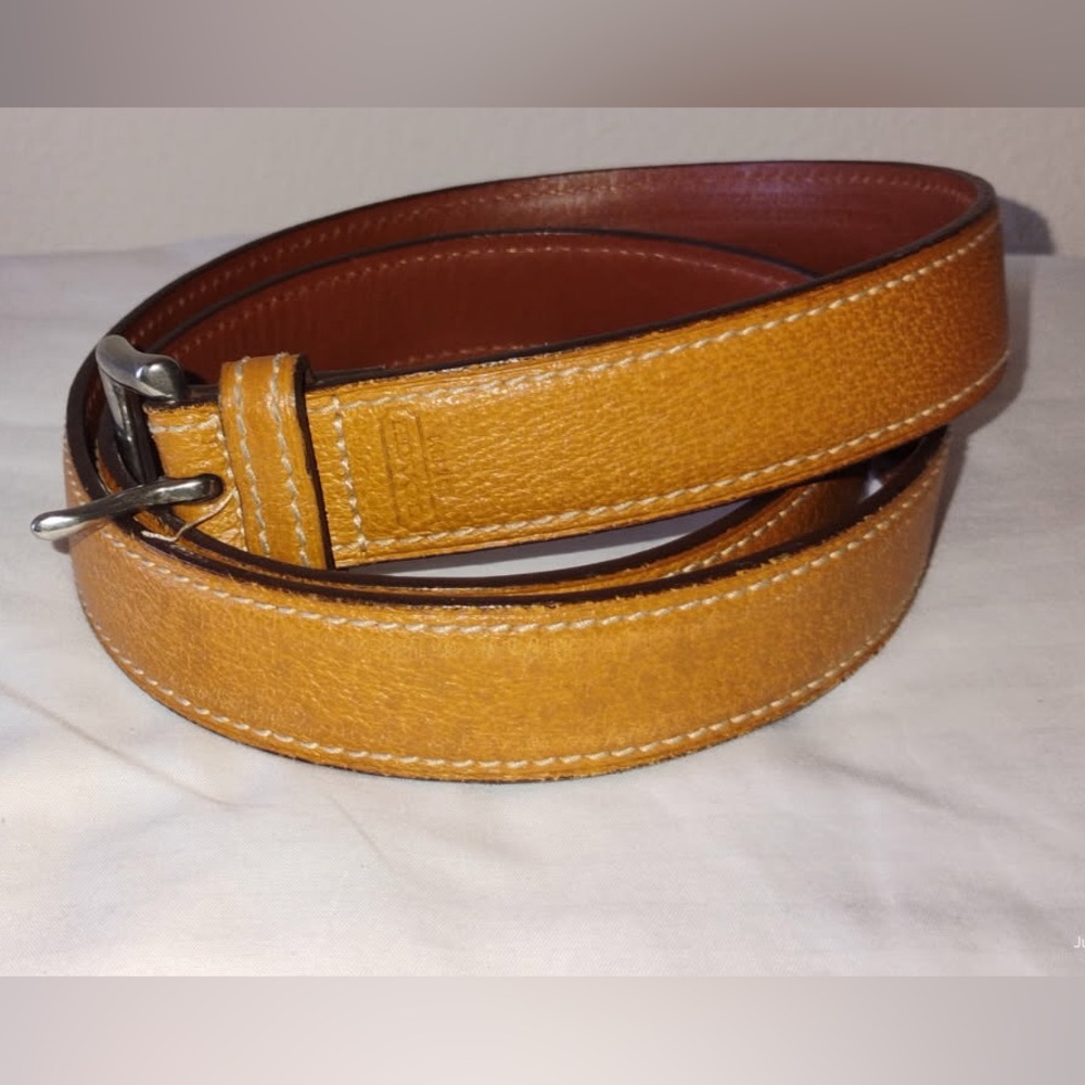 Coach Men's Yellow-Brown Leather Belt with Silver Buckle